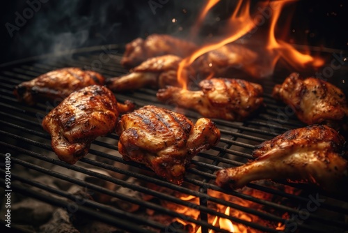 Chicken legs and wings on the grill with flames. AI generated