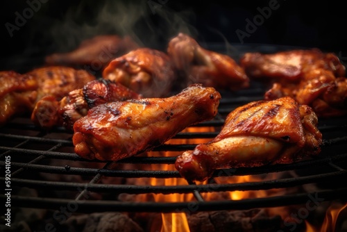 Chicken legs and wings on the grill with flames. AI generated