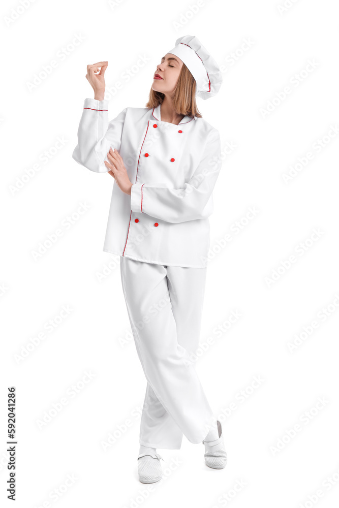 Female baker in uniform on white background Female baker in uniform on white background