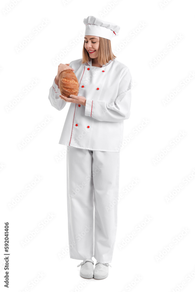 Female baker with fresh bread on white background Female baker with fresh bread on white background