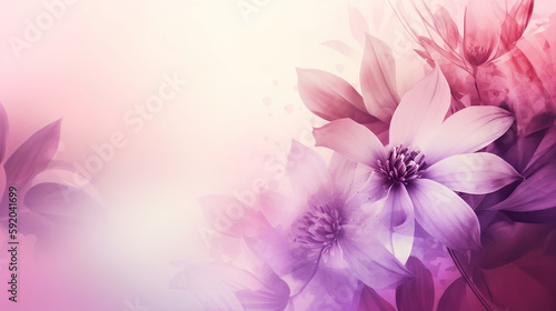 Floral abstract pastel background with copy space. Pink and violet flowers in soft style for wedding or valentine's day card. generative ai