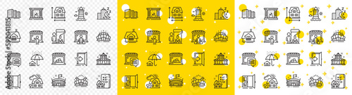 Outline Balcony, Arena stadium and Home insurance line icons pack for web with Realtor, Food market, Entrance line icon. Lighthouse, House dimension, Night city pictogram icon. Market. Vector