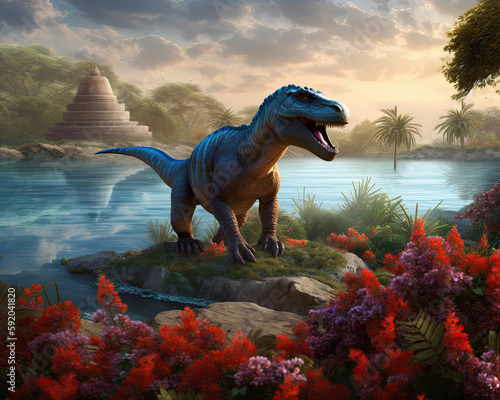 dinosaur  landscape with flowers. Generative AI image.