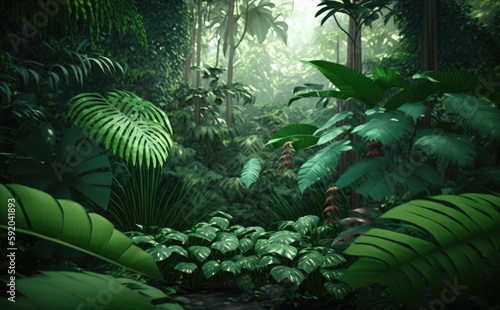 Tropical Rainforest Landscape jungle palms  trees and plants background