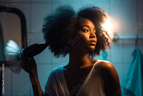 Woman drying hairs in bathroom.