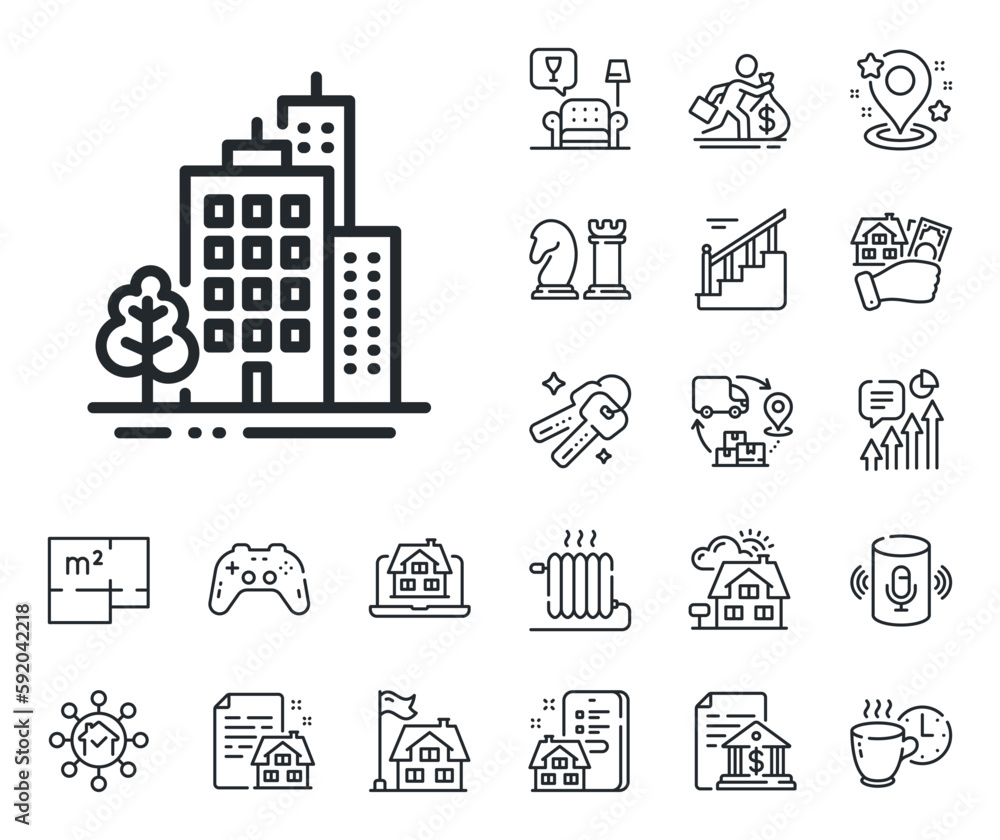 City architecture with tree sign. Floor plan, stairs and lounge room outline icons. Buildings line icon. Skyscraper building symbol. Buildings line sign. House mortgage, sell building icon. Vector