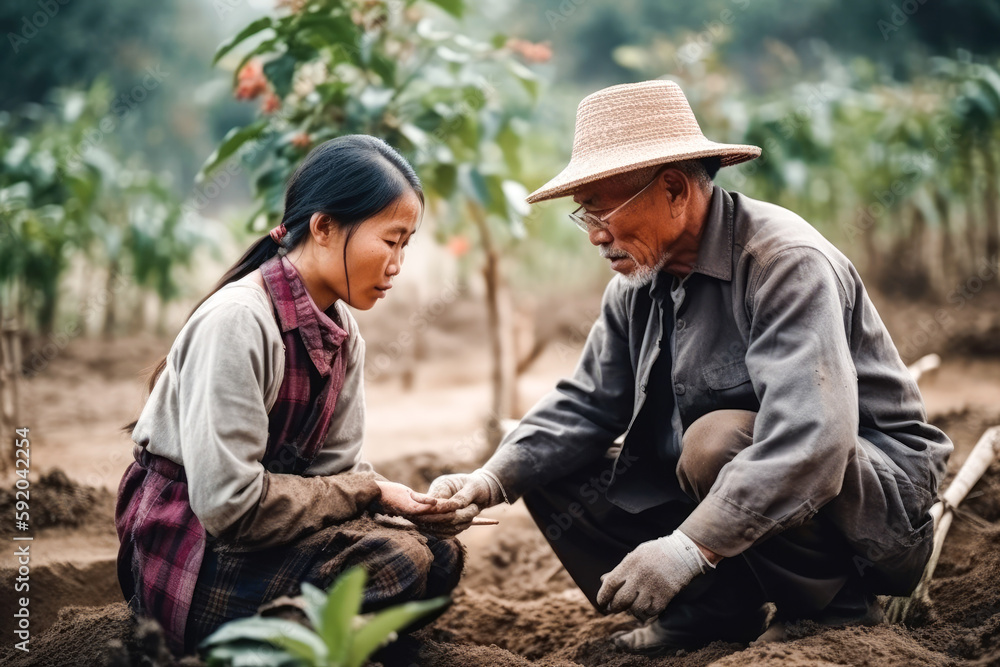 Asian grandfather and granddaughter harvesting herbs. Generative AI. Asian grandfather and granddaughter harvesting herbs. Generative AI.