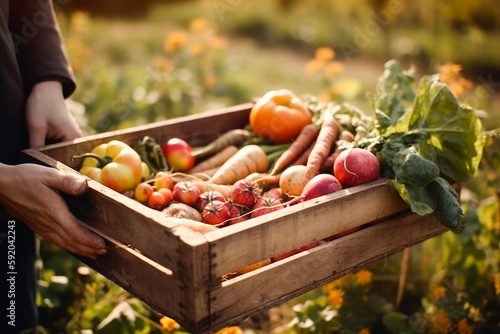 Human holding wooden box of different vegetables on field in sunset. Generative AI.