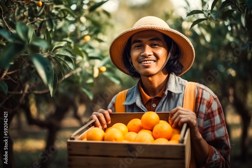 Senior man orange farm worker harvesting orange, agricultural products of the family. Generative AI.
