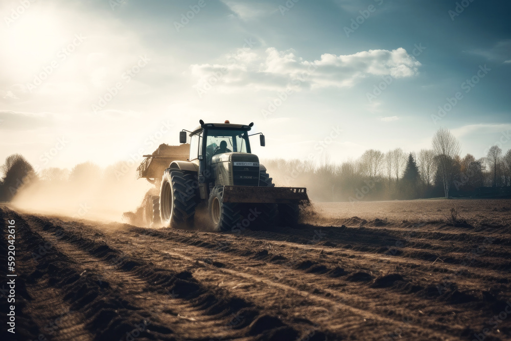 Fototapeta premium Tractor drives across large field making special beds for sowing seeds. Generative AI.
