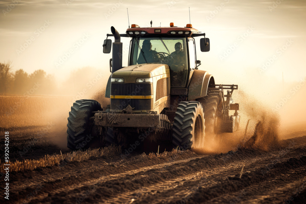 Naklejka premium Tractor drives across large field making special beds for sowing seeds. Generative AI.