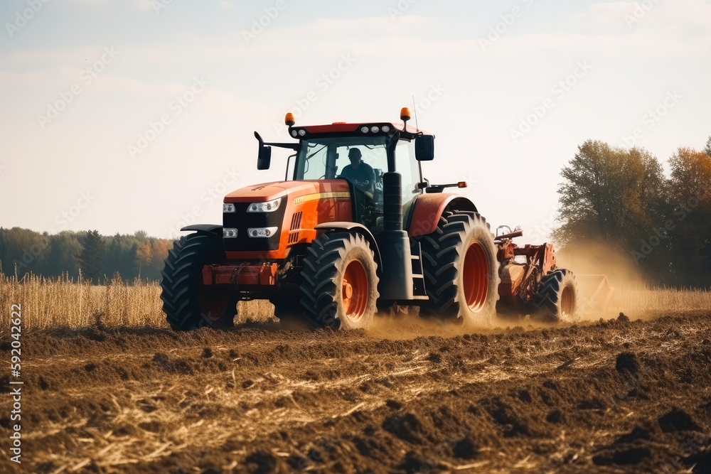 Tractor drives across large field making special beds for sowing seeds. Generative AI. Tractor drives across large field making special beds for sowing seeds. Generative AI.