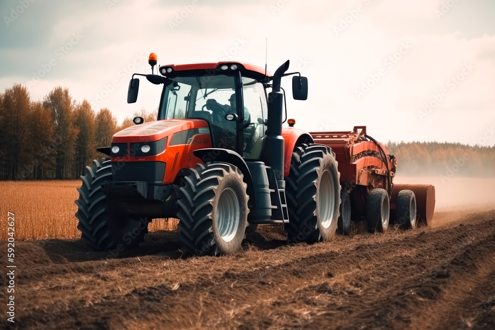 Obraz premium Tractor drives across large field making special beds for sowing seeds. Generative AI.