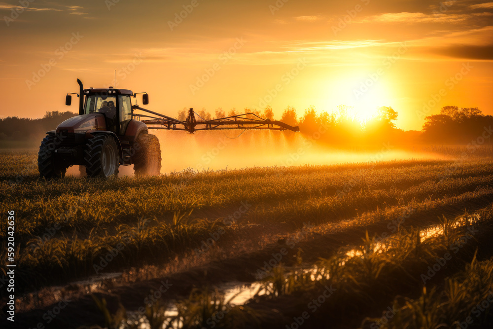 Fototapeta premium Aerial View of Tractor Spraying Pesticides on Green Soybean Plantation at Sunset. Generative AI.
