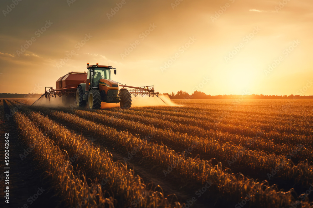 Aerial View of Tractor Spraying Pesticides on Green Soybean Plantation at Sunset. Generative AI. Aerial View of Tractor Spraying Pesticides on Green Soybean Plantation at Sunset. Generative AI.