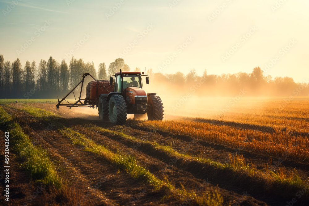 Fototapeta premium Aerial View of Tractor Spraying Pesticides on Green Soybean Plantation at Sunset. Generative AI.