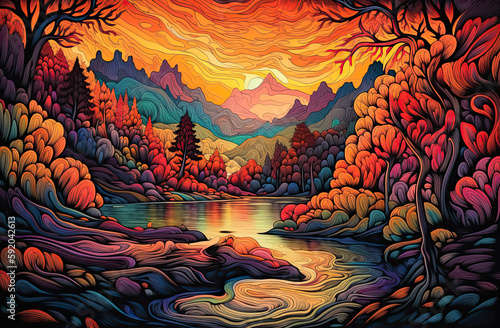 illustration of landscape with sunset, river and mountains. Generative AI image.