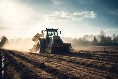 Tractor drives across large field making special beds for sowing seeds. Generative AI.