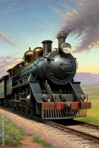 The train, the steam locomotive rides across the plains, Generative AI Art Illustration 05