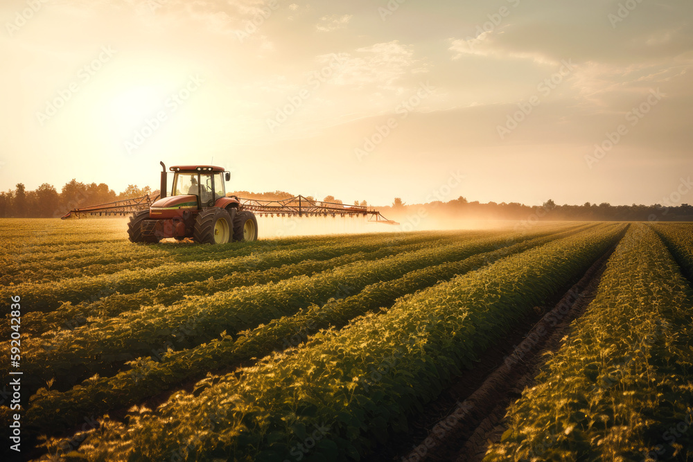 Fototapeta premium Aerial View of Tractor Spraying Pesticides on corn at Sunset. Generative AI.