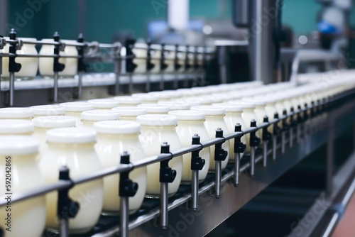Plastic milk bottles with milk on production line at dairy factory. Generative AI.