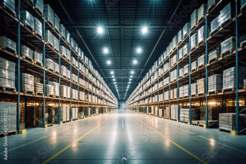 Huge distribution warehouse with high shelves, bright led lights, future production. Generative AI.