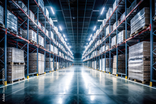 Huge distribution warehouse with high shelves, bright led lights, future production. Generative AI. photo