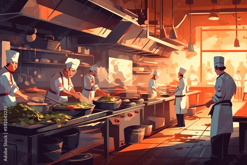 Chefs in professional restaurant kitchen. Colorful illustration. Generative AI.