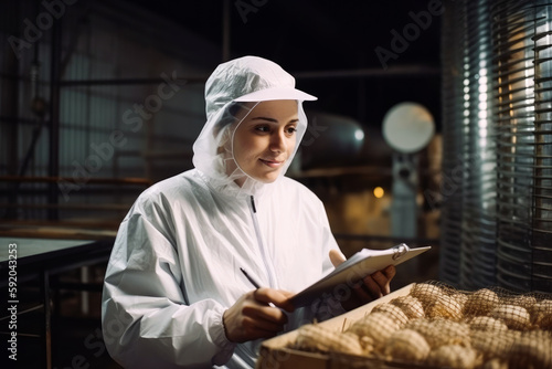 Food production inspection. Women checking food quality. Organic, bio, eco food. Generative AI.