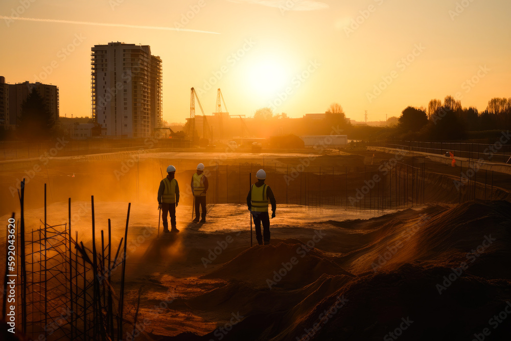 Silhouette of engineers and construction team working at site. Sunset. Generative AI.