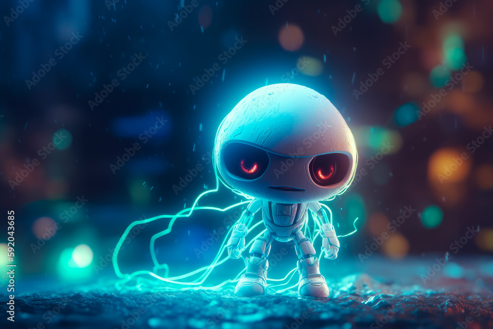 Alien with big eyes and a tiny body in a spaceship with neon lights. Generative AI Alien with big eyes and a tiny body in a spaceship with neon lights. Generative AI