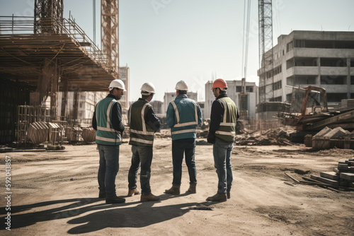 Looking architecture plans on construction site. Sunset. Indian engineers and workers. Generative AI © VisualProduction