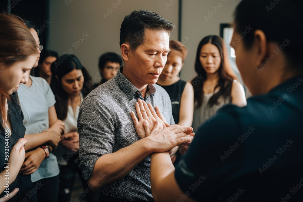 © VisualProduction - Instructors demonstrating CPR on mannequin at first aid training course. Generative AI.