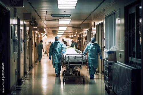 Emergency Department: Group of Doctors, Nurses, Paramedics Push Gurney, Stretcher with Seriously trauma Patient towards the Operating Room. Generative AI.