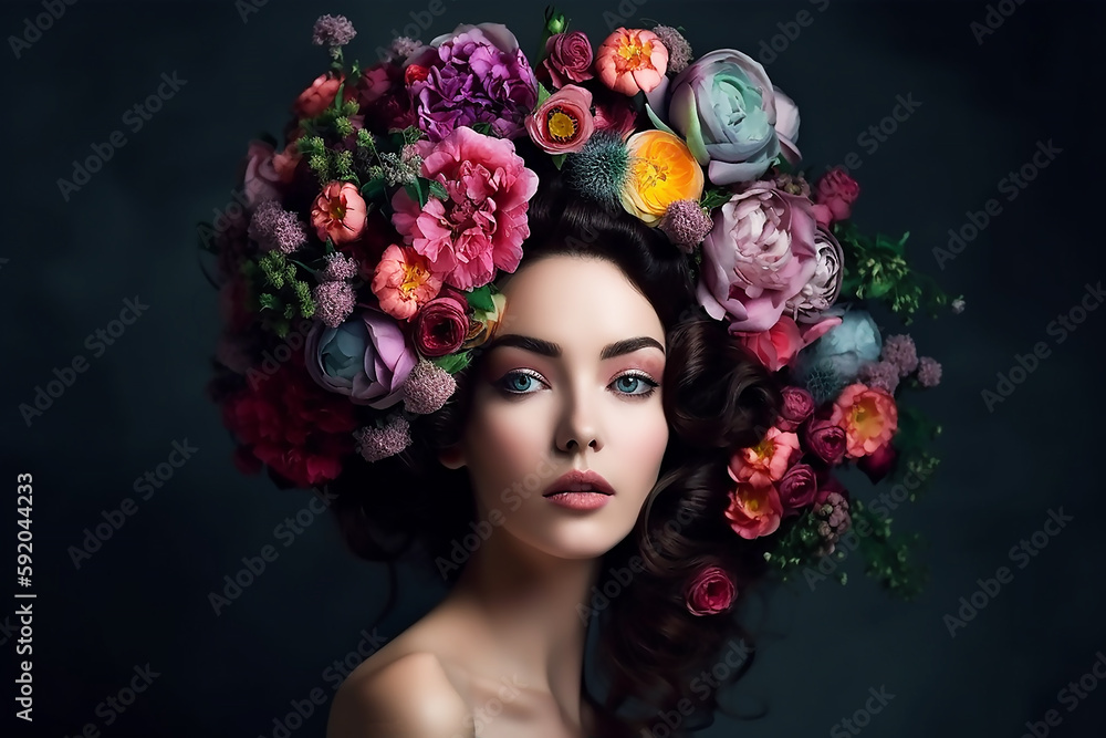 summer girl with floral wreath in hair. Flower hairstyle. Beautiful lady with flowers on her head, generative AI tools summer girl with floral wreath in hair. Flower hairstyle. Beautiful lady with flowers on her head, generative AI tools
