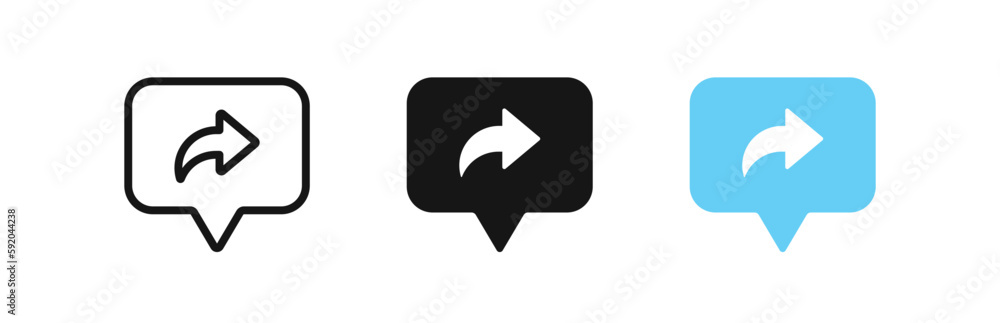 Share icon. Send symbol. Arrow right signs. Link symbols. Comment icons. Message button. Black, blue color. Vector sign. Share icon. Send symbol. Arrow right signs. Link symbols. Comment icons. Message button. Black, blue color. Vector sign.