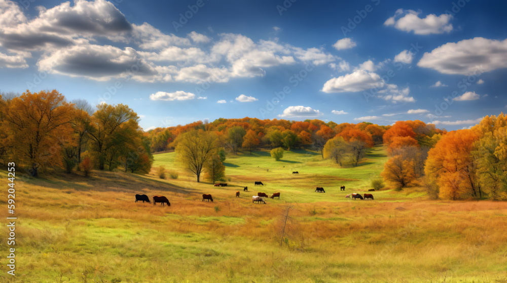 Fototapeta premium Afternoon in Green Field with Animals, Tranquil Landscape, Dry and Green Grass. Generative AI