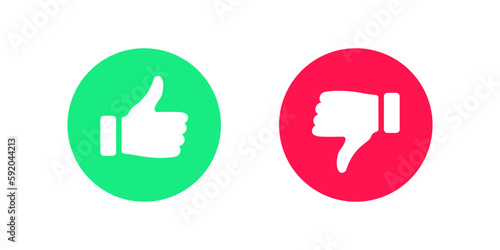 Like icon. Dislike symbol. Thumb up signs. Positive, negative symbols. Ok, good icons. Green, red color. Vector sign.