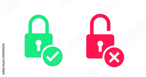 Lock icon. Unlock symbol. Padlock signs. Safe symbols. Security icons. Safety button. Red, green color. Vector sign.