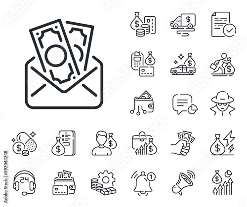 Money fraud crime sign. Cash money, loan and mortgage outline icons. Bribe line icon. Cash envelope symbol. Bribe line sign. Credit card, crypto wallet icon. Inflation, job salary. Vector