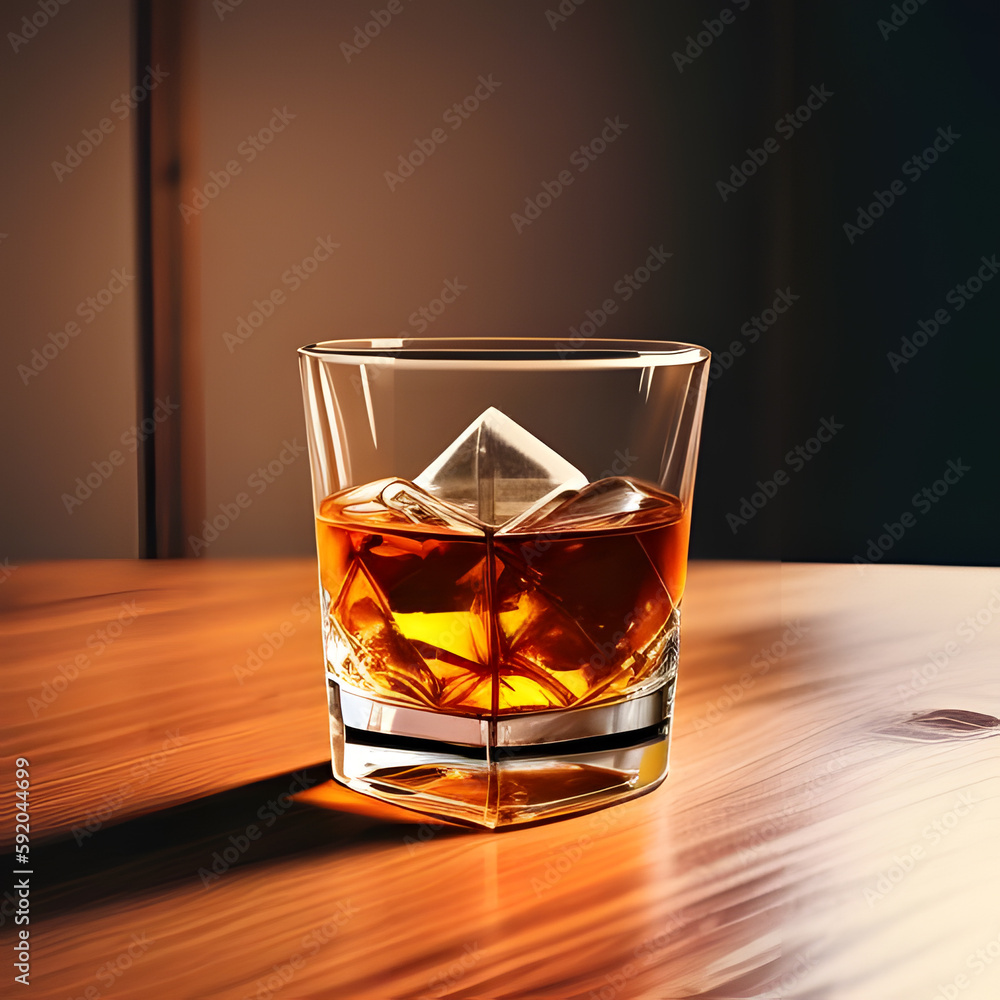a glass of whiskey sitting on top of a wooden table, generation ai