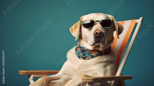 a dog wearing sunglasses and sleeping beach chair, light monokolor background