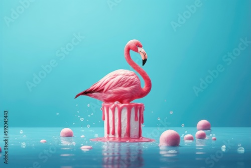 Pink stick ice cream melting with flamingo float on pastel blue background. AI generated
