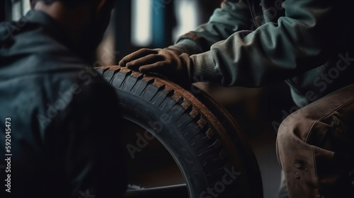 Detailed image of mechanics' hands with tools, replacement car tire, with blurred garage background