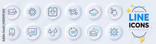 Timer, Analytical chat and 360 degrees line icons for web app. Pack of Cursor, Load document, Swipe up pictogram icons. Question mark, Web3, Waterproof signs. Cloud computing. Vector