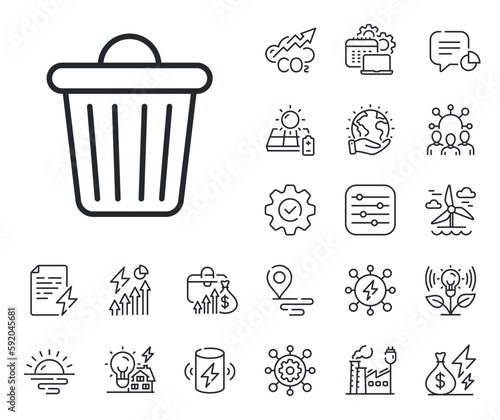 Garbage, waste sign. Energy, Co2 exhaust and solar panel outline icons. Trash bin line icon. Delete, remove symbol. Trash bin line sign. Eco electric or wind power icon. Green planet. Vector
