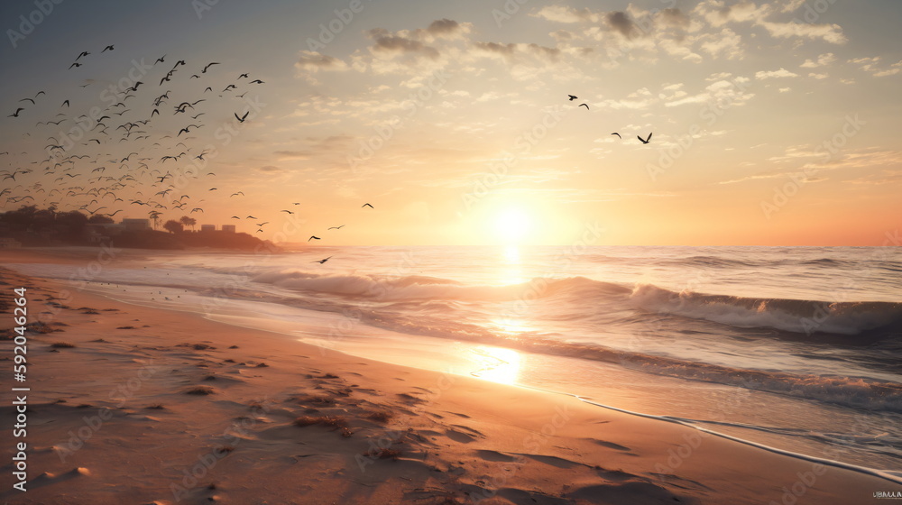Breathtaking Sunrise and the Graceful Flight of Seabirds. Generative ai
