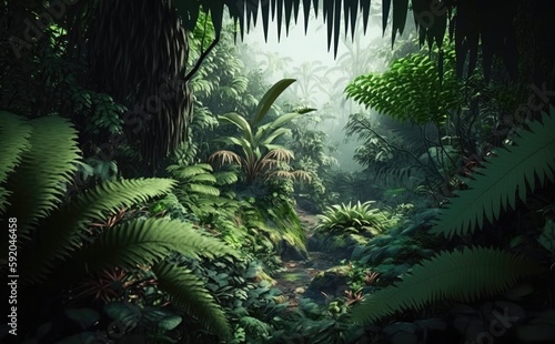 Asian rainforest with deep jungle, lush green foliage, Generative AI