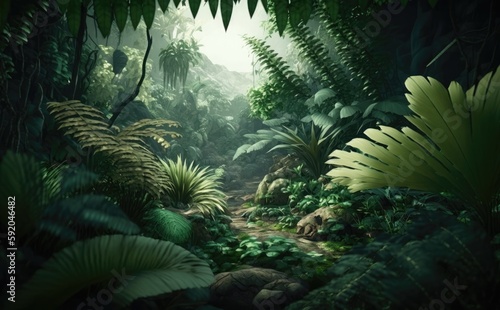 Asian rainforest with deep jungle, lush green foliage, Generative AI