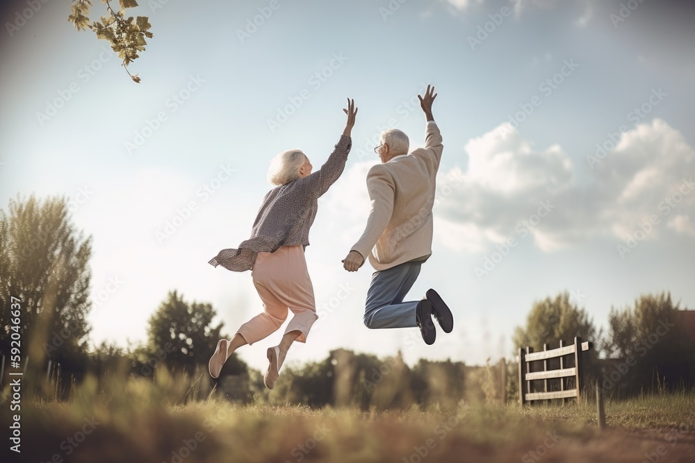 happy senior couple jumping in park, generative AI happy senior couple jumping in park, generative AI